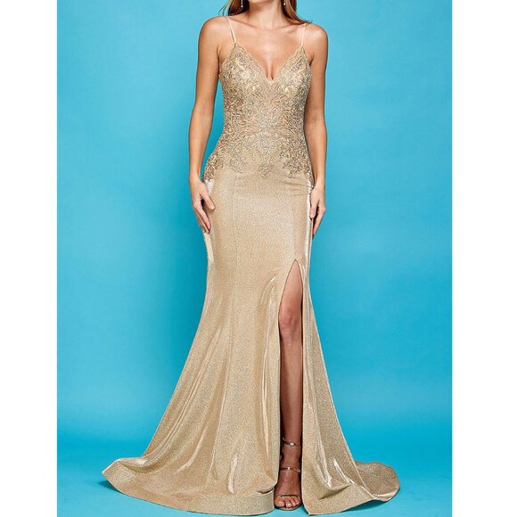 Champagne Sweetheart Neck Sequin Metallic Formal Prom Dress 2 - Picture 1 of 4